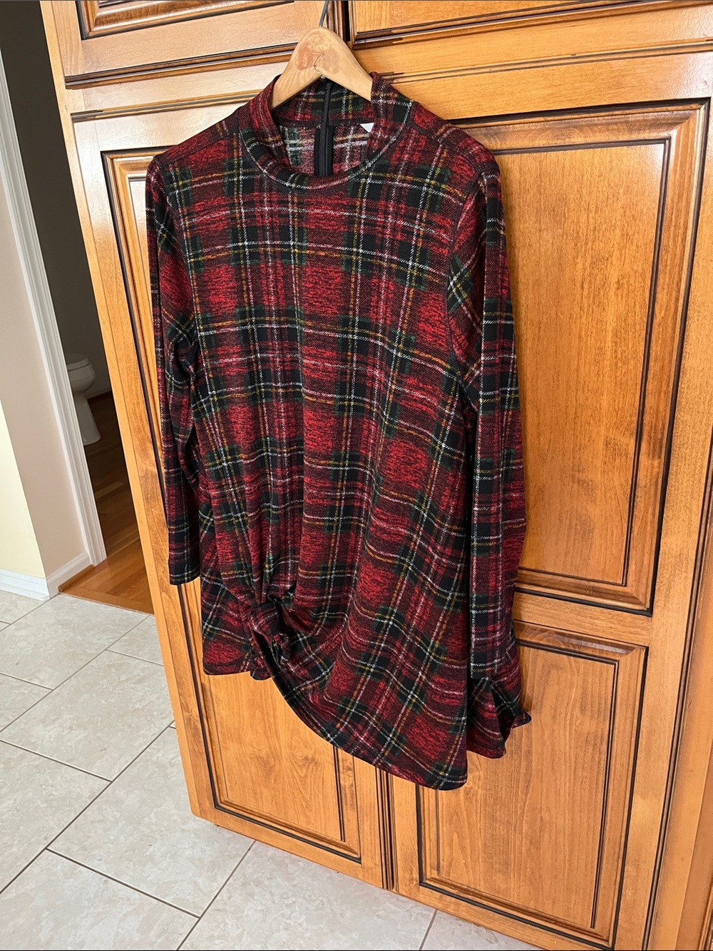John Mark Red Plaid Tunic Top with Black and Green Accents
